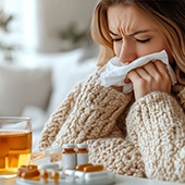 Woman experiencing a cold and bundled up with tissues