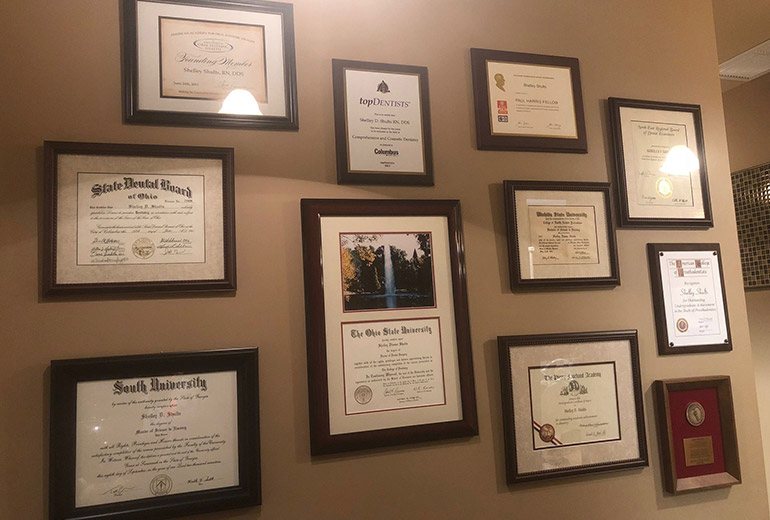 Powell Dentist, Dr. Shults' Certificates hanging on wall